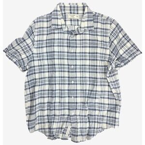 Abercrombie & Fitch Linen Blend Blue White Plaid Button‎ Up Shirt Men's Size 2XL